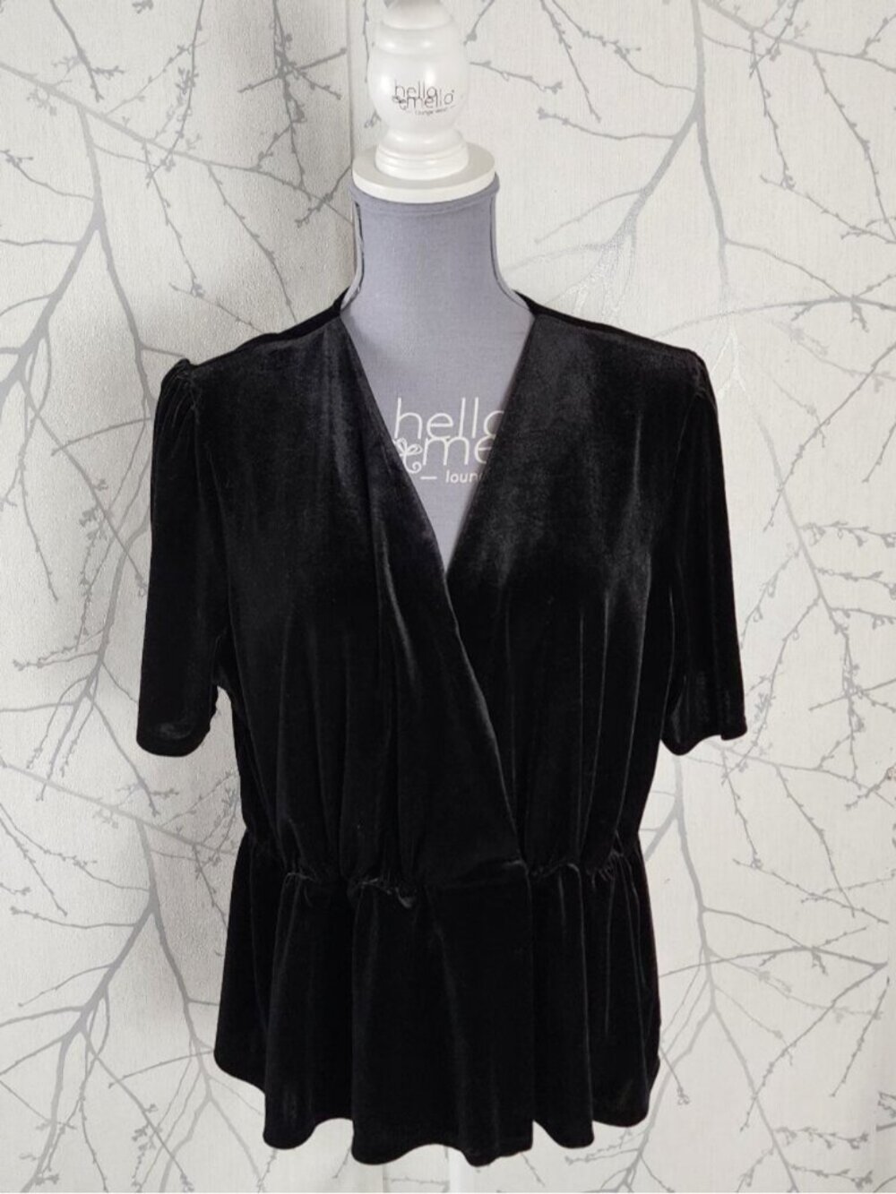 WD.NY Black Velvet Snap Closure Peplum Faux Wrap Blouse